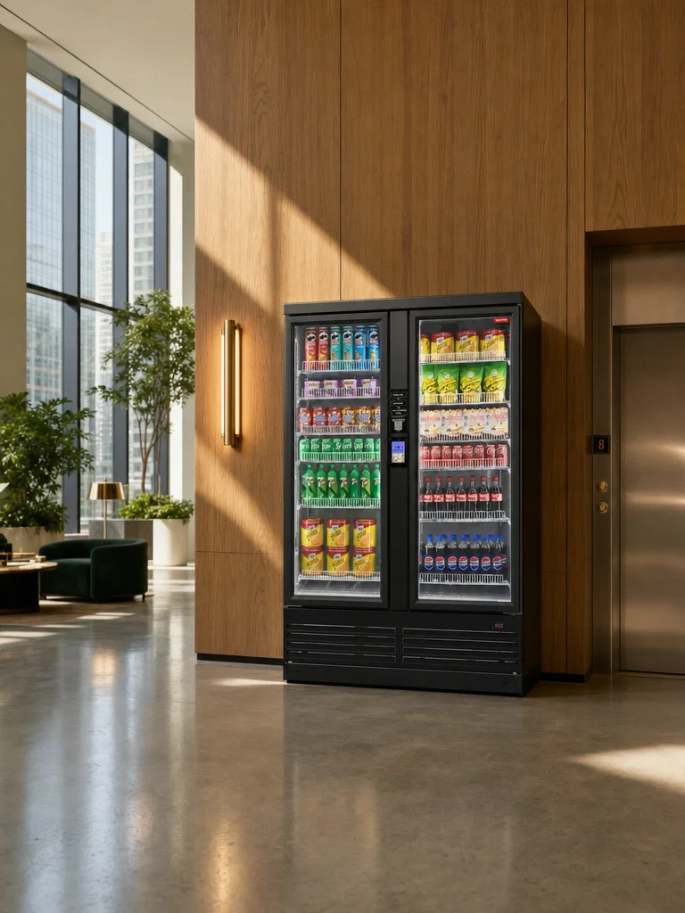 AI smart combo store with drinks and snacks in a warm office lobby