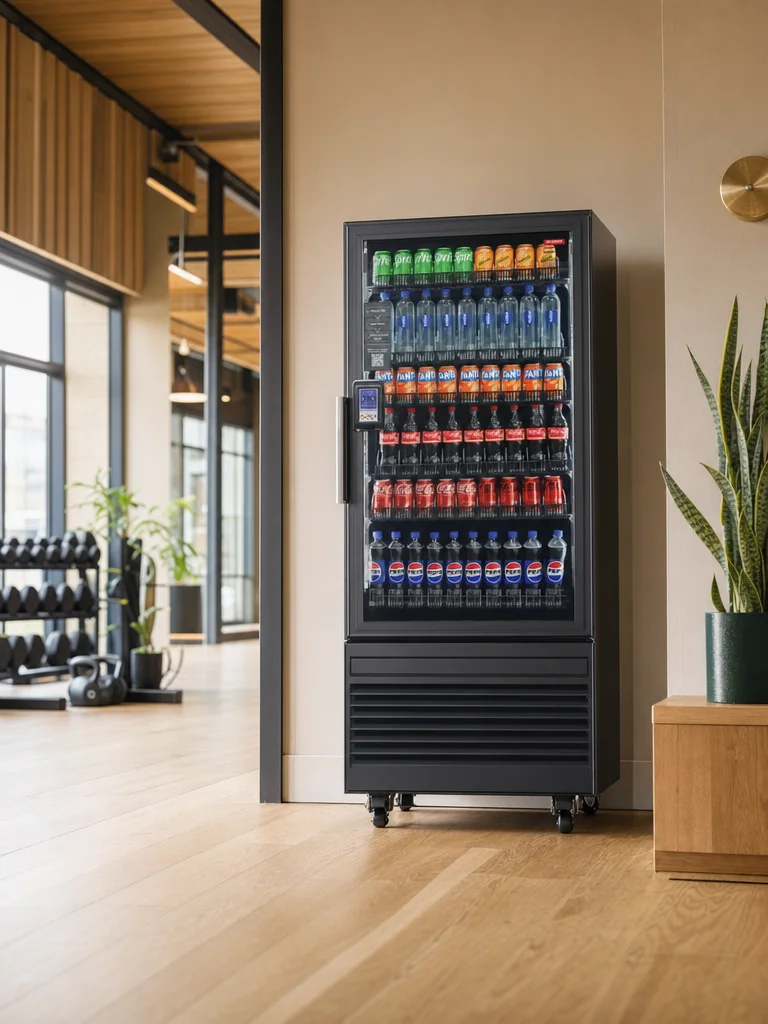 AI smart drink cooler stocked with cold drinks inside a Vancouver fitness studio