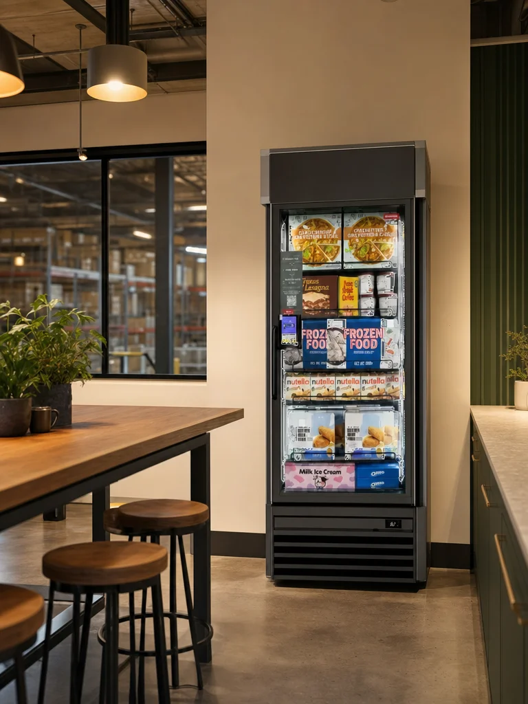 AI smart freezer with frozen meals in a 24/7 industrial facility break room