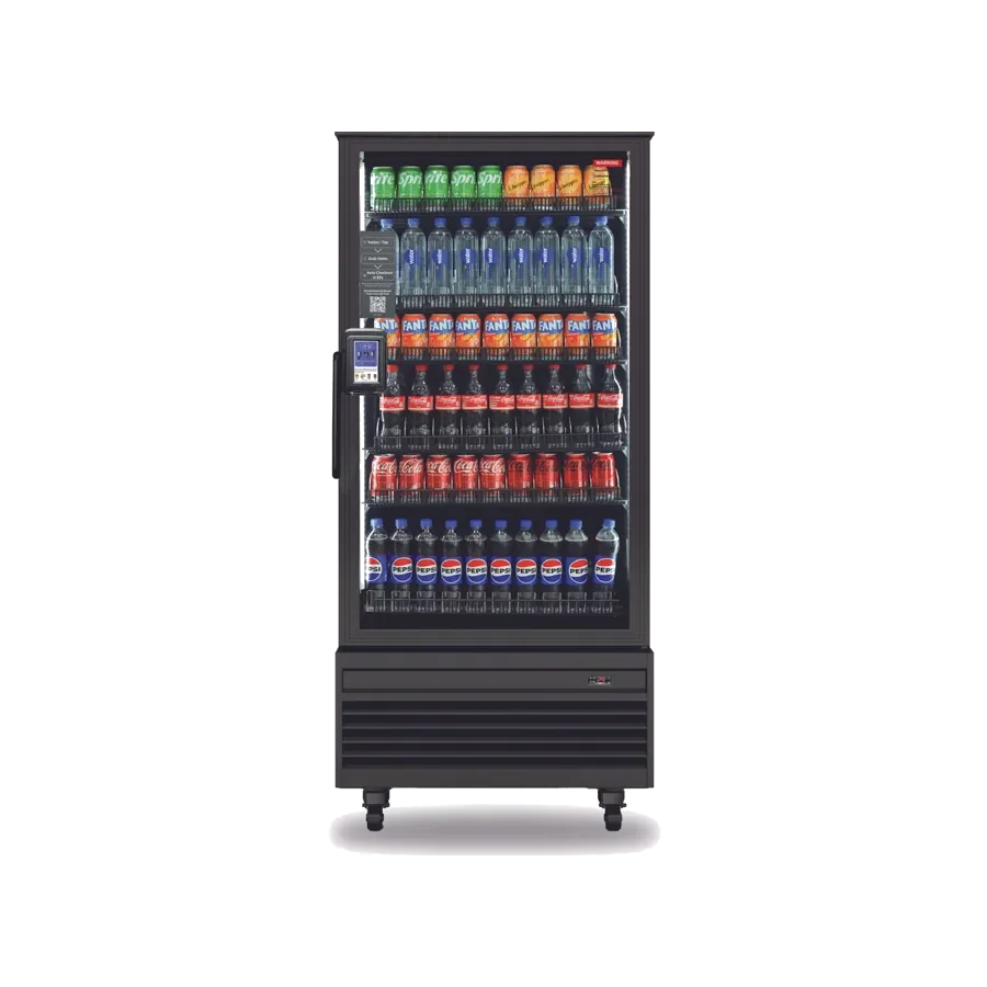 AI smart drink cooler with glass door and tap payment terminal